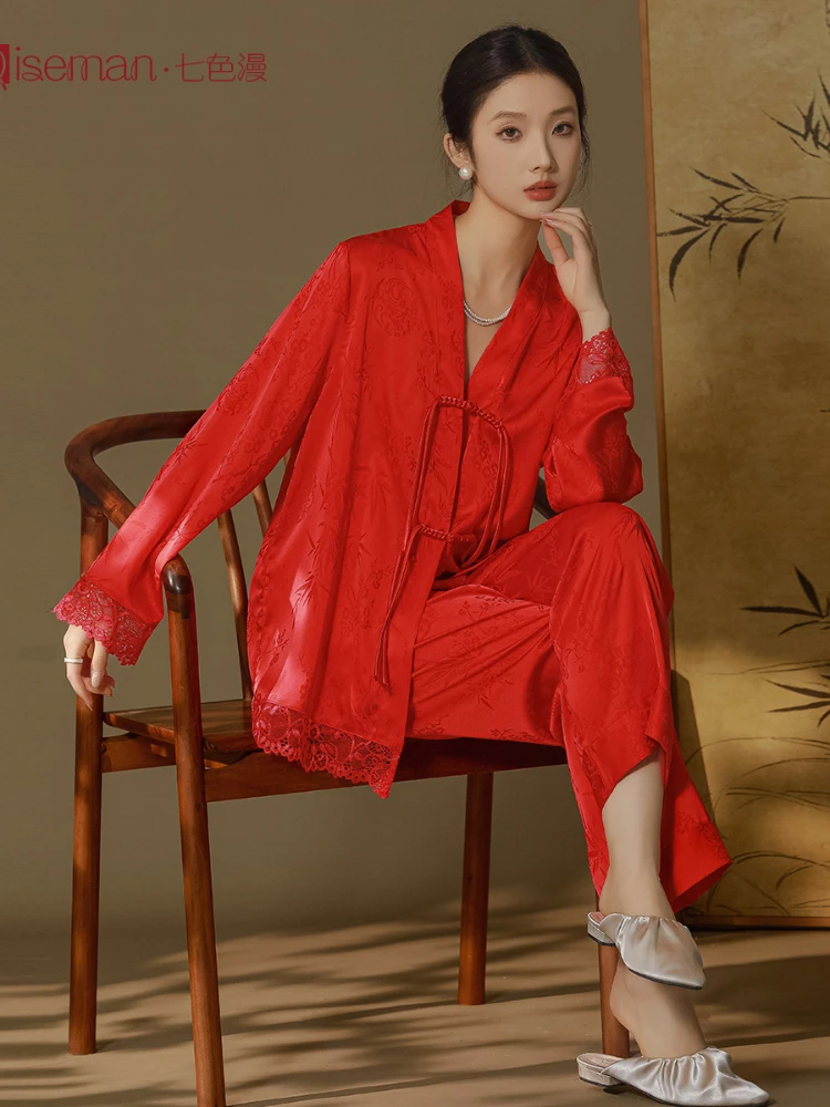 2024 New Chinese Long-Sleeved Satin Thin Pajamas Suit Ice Silk National Style Home Clothes Spring Summer Outer Wear Home Clothes