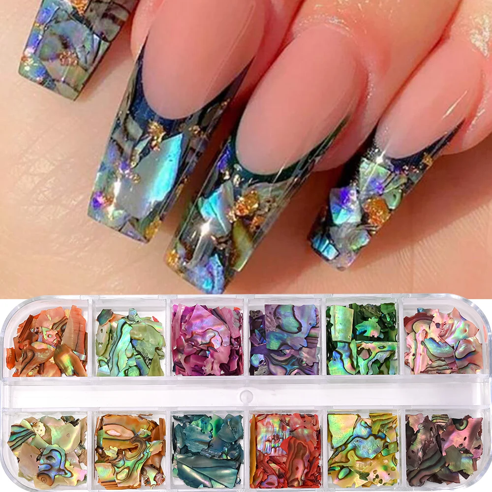 

12Grids Nail Art Aurora Abalone Shell Flakes 3D Irregular Sea Shell Slices Nail Charms 1pcs Holographic Shell Sequins Nail Parts
