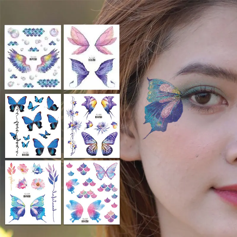 Glitter Fairy Butterfly Wings Tattoo Sticker Temporary Waterproof Eyes Face Arm Body Art Fake Tattoos Women Makeup Products