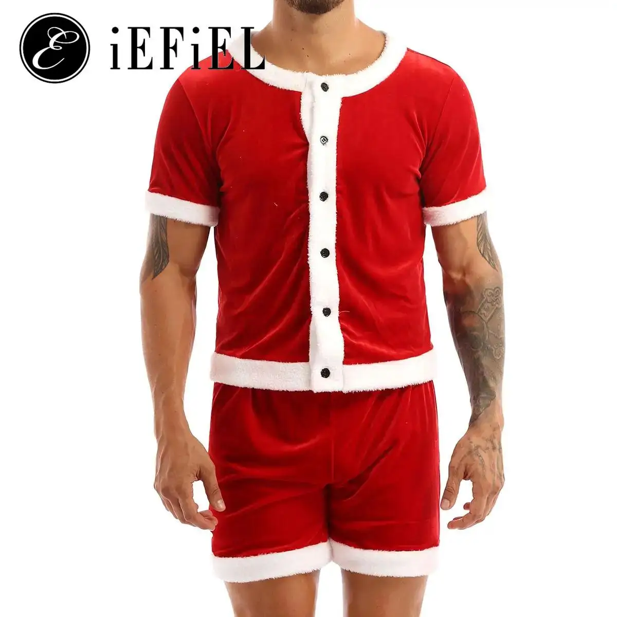 Adults Christmas Mr Santa Claus Cosplay Costume Red Velvet Xmas Festive Outfits Short Sleeve Tank Top with Boxer Shorts