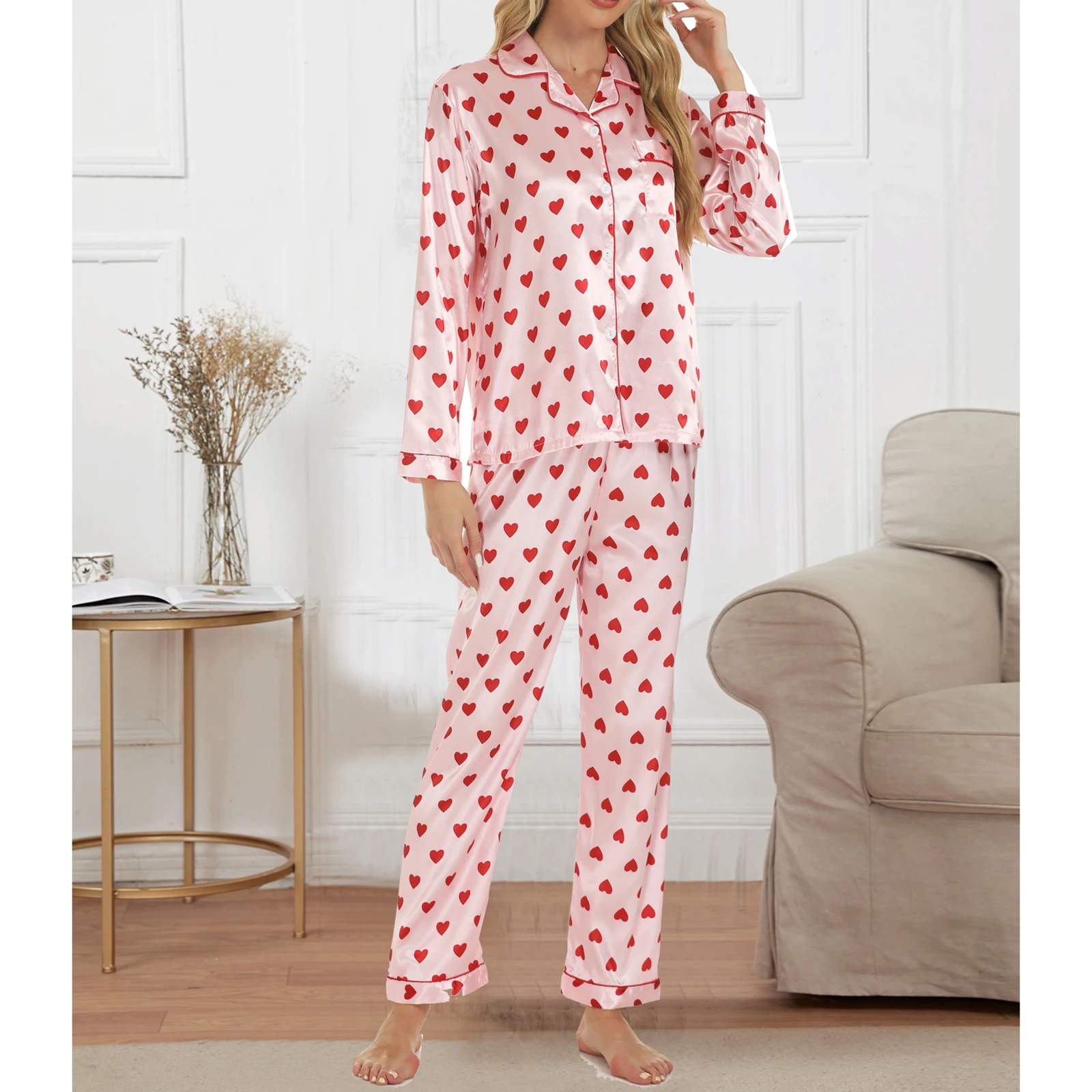 HEZIOWYUN-Conjunto de pijama de satén para mujer, ropa de dormir de 2 piezas con estampado integral de Luna y corazón, top de manga larga con cierre de botones y pantalones