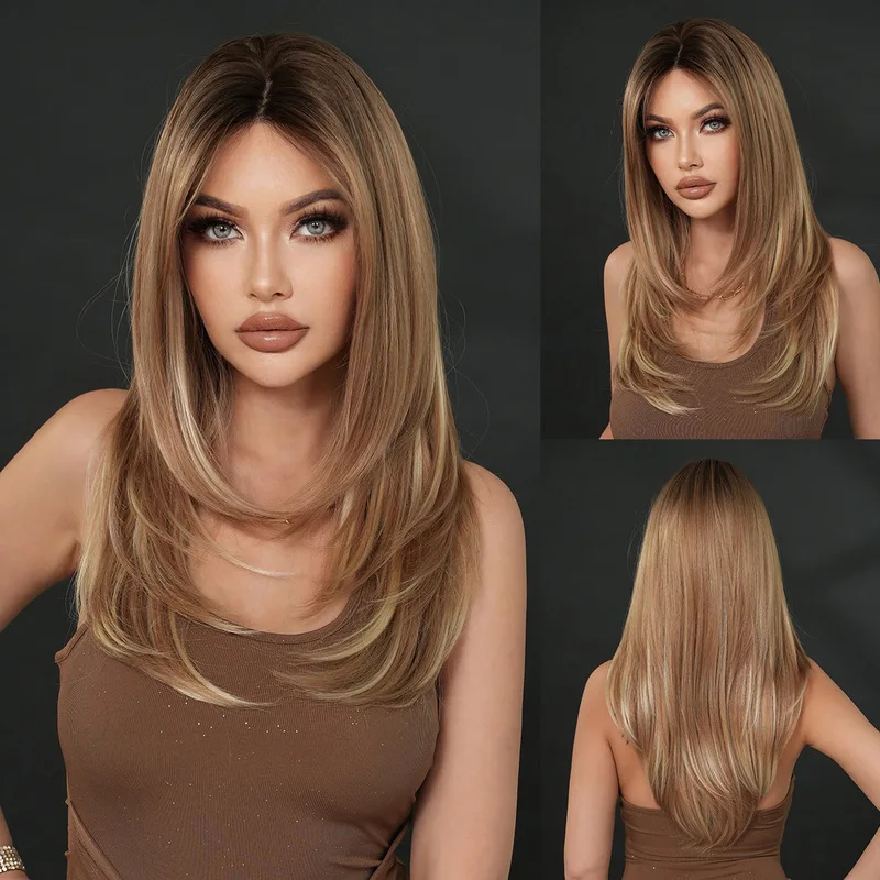 Small lace wig for women full headpiece Asian-style with highlights in gold layered straight hair and natural-looking hairl