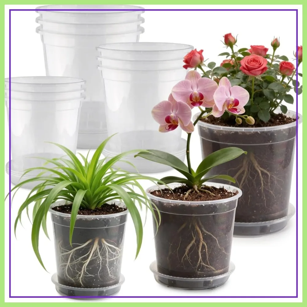 

4 Size Set 12P Clear Nursery Pots with Saucers, Round Plastic Plant Pots with Drainage Holes