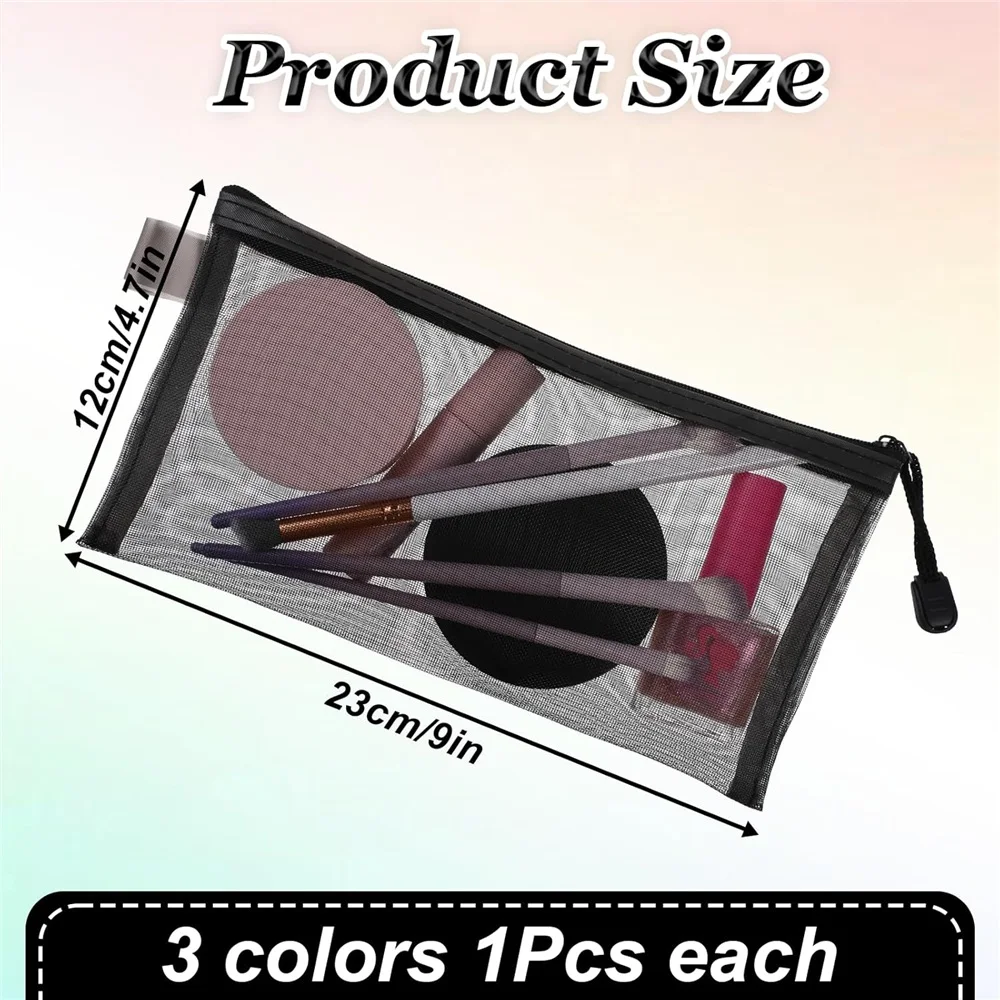 3 Pack Zipper Mesh Pouch,  Portable Pouch Pencil Case, Toiletry Bag Organizing Pouches for Daily or Travel to Keep Small Items