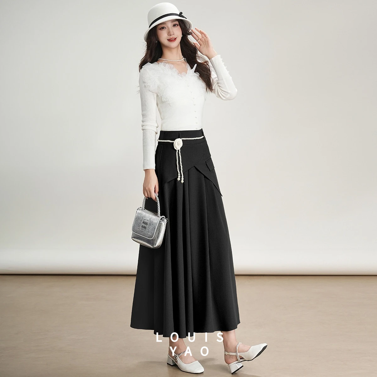 LOUISYAO 2026 Spring Irregular Pleated Women's A-Line Skirt Long Quiet Luxury Old Money Style Minimalist Design Casual Skirt