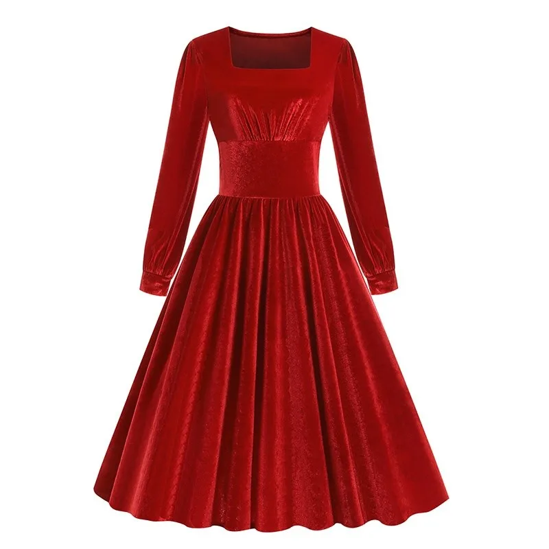 Vintage rotes Samt-Abendkleid 2025, neues Damen-elegantes Kleid mit quadratischem Ausschnitt, hohe Taille, lange Ärmel, Abendkleid, schmale Passform, Vestido