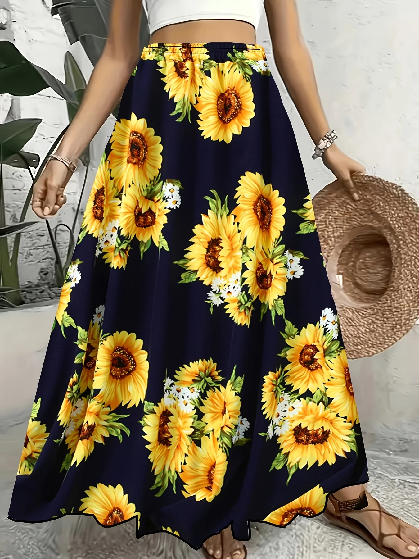 Women Floral & Cartoon Holiday Print Maxi Skirt Elastic High Waist A Line Flowy Long Skirt Summer Beach Casual Swing Long Skirts