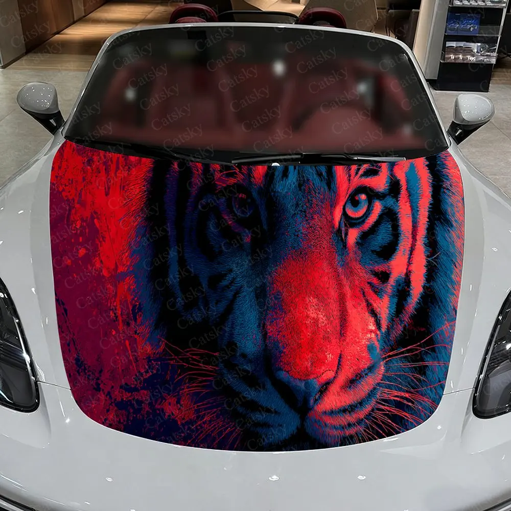 

Car Decal Tiger with Red & Black Artistic Fusion in High-Contrast Design, Creating a Bold and Intense Visual Car Hood Sticker, W