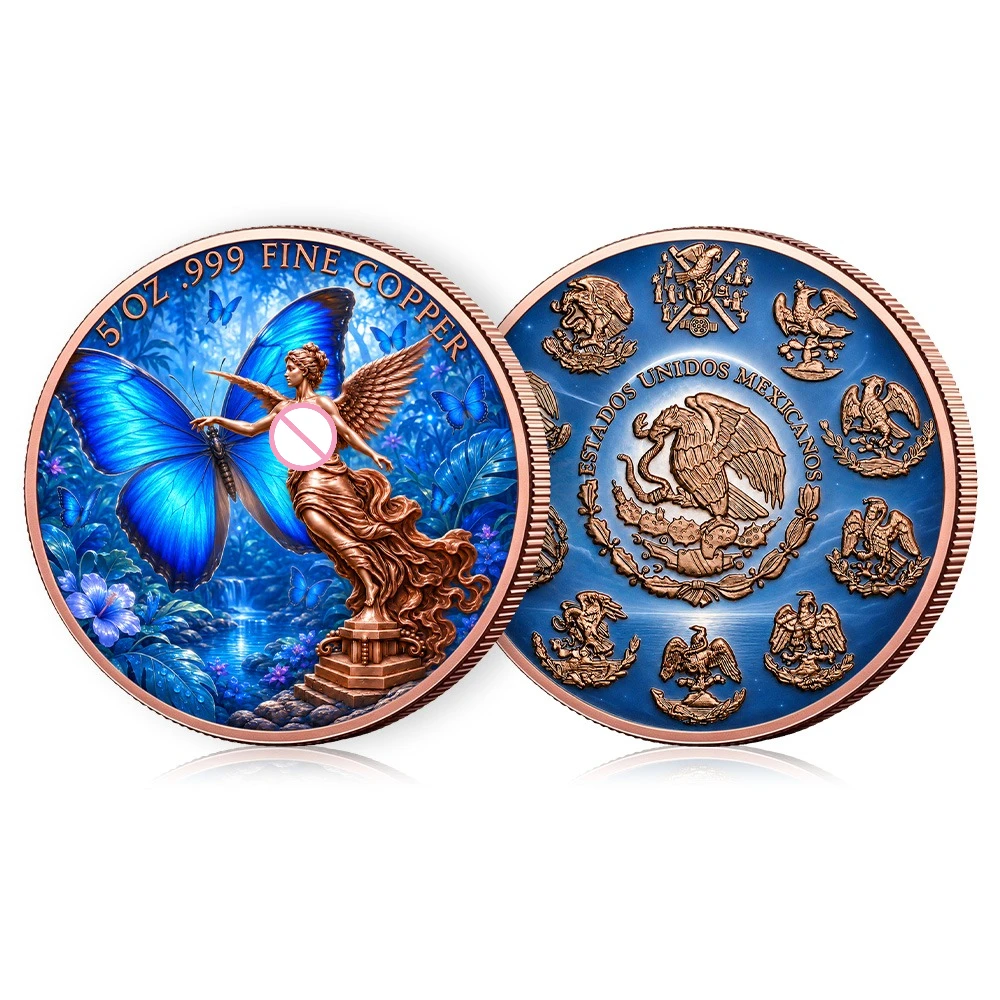 5oz .999 Fine Round Copper Coin Colorized Angel & Blue Butterfly Medallion Coin Home Collection Decor Gift