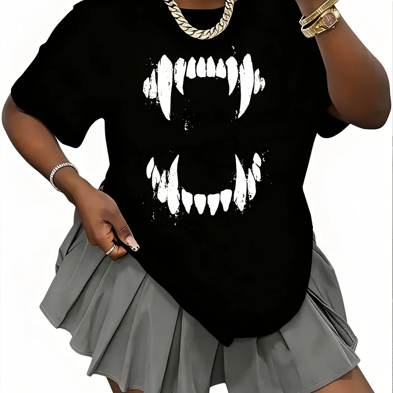 Retro Gothic Vampire Teeth Print Women's T-Shirt 100% Cotton Fun Print Short Sleeve Top Casual Round Neck Tee S-5Xl