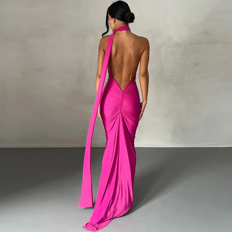 

Sexy Backless Long Dress One Shoulder Backless Adjustable Scarf Loop Ruched Dress 2025 Female Club Birthday Party Evening Dress