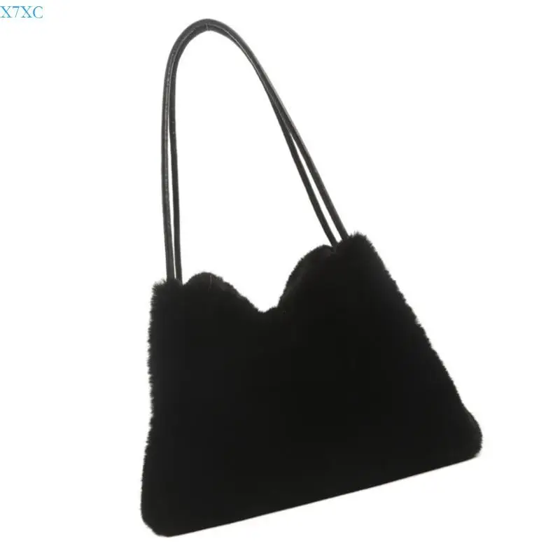X7XC Elegant Furry Plush Bucket Purse for Modern Women Winter Shoulder Bag Handbag