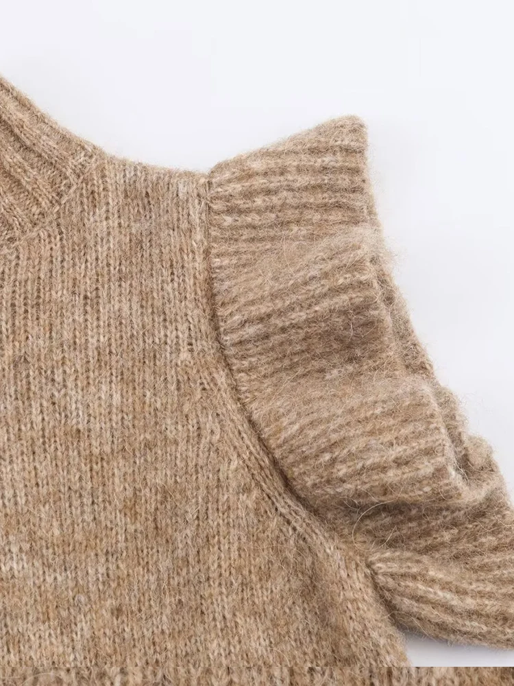 أزياء نسائية جديدة على الطراز الأوروبي، متعددة الاستخدامات، أنيقة بلون سادة ورقبة عالية وطبقات مزخرفة سترة متماسكة