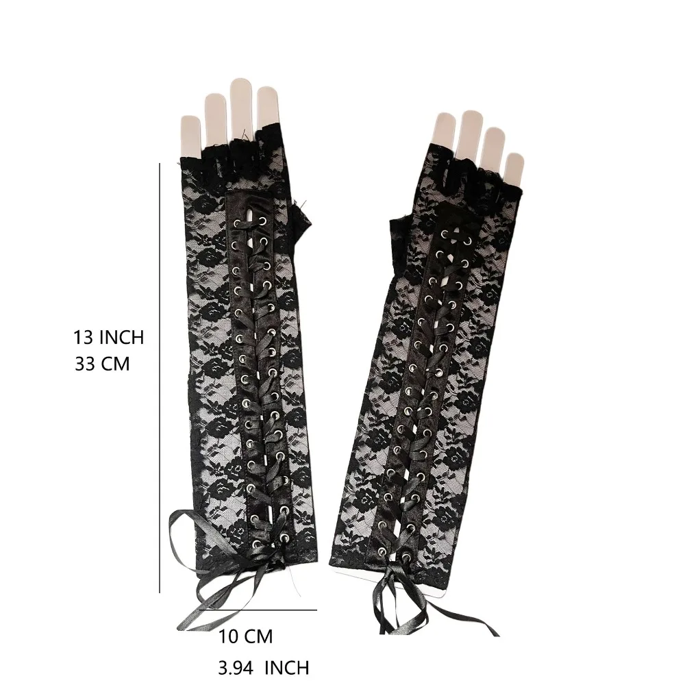 Gants en dentelle Sexy à bretelles, longs, demi-doigt, Punk Cos, ruban, gants de Performance pour Club de danse
