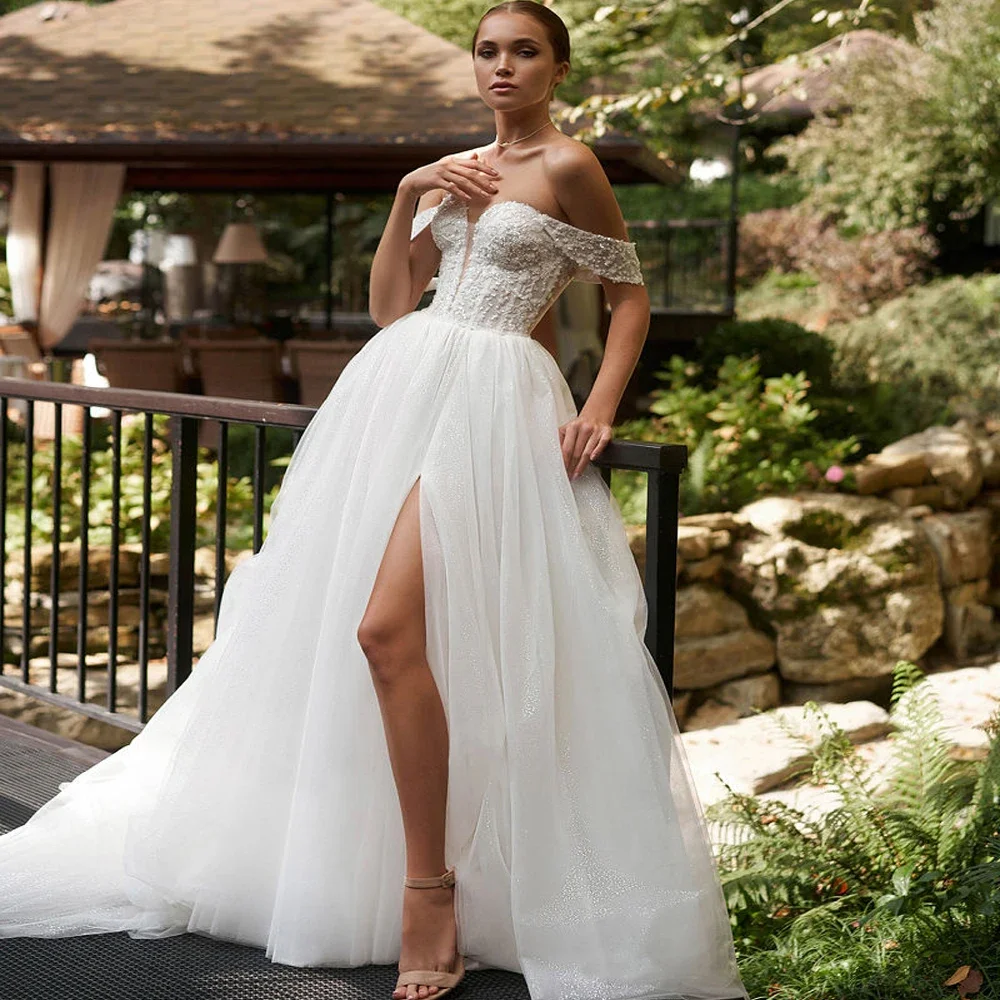

Customized Sexy Wedding Dresses A-Line Deep V-neck Beautiful Split Skirt Off The Shoulder Design For Women High Quality Bridal G