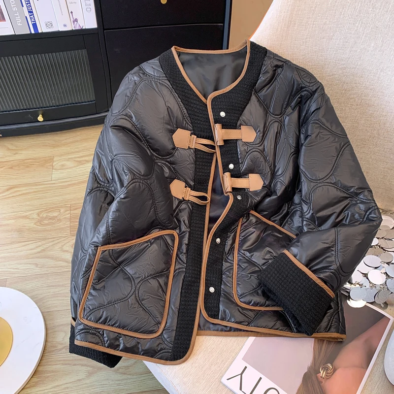 

Женское зимнее хлопковое пальто контрастного цвета с контрастным дизайном, большая модная однобортная черная хлопковая куртка на клипсе в стиле ретро