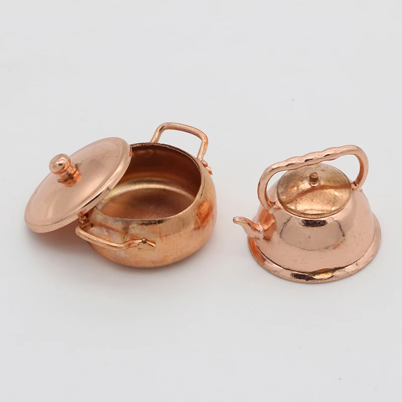 1:12 Dollhouse Miniature Bronze Frying Pan Pot Kettle Cooking Kit