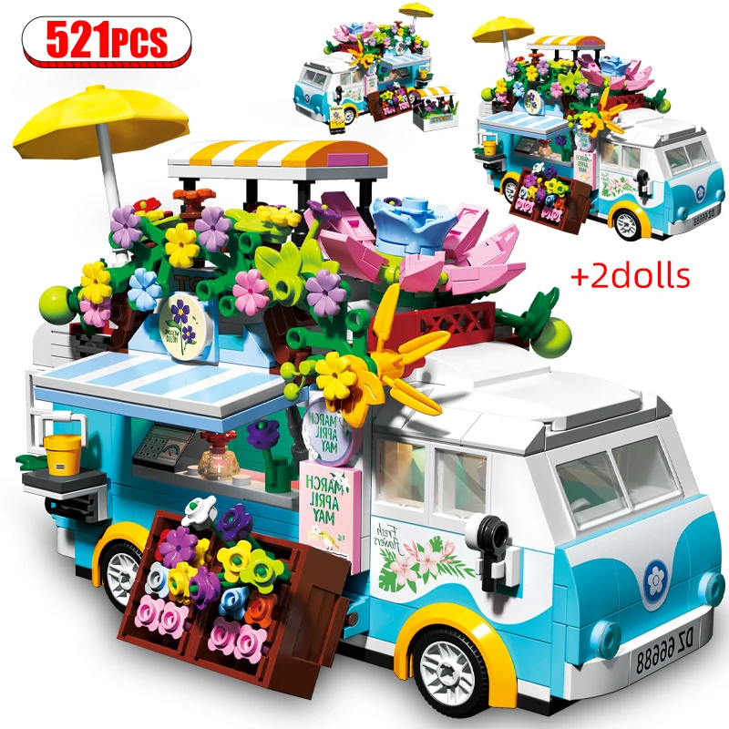 

Mini Parts City Outing Bus Friends Camper Van Camping Car Princess Flower Cart Truck Street Building Blocks For Toys Girls