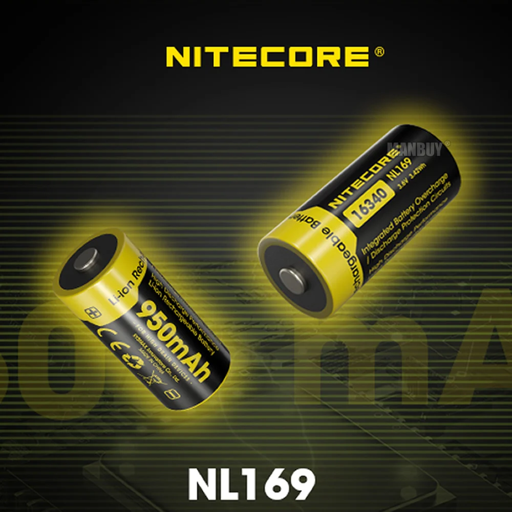 Nitecore NL169 x2Pieces torcia regalo gratuita 950mAh 3.6V 3.42Wh protetta al litio ricaricabile RCR123A 16340 18350 batteria agli ioni di litio