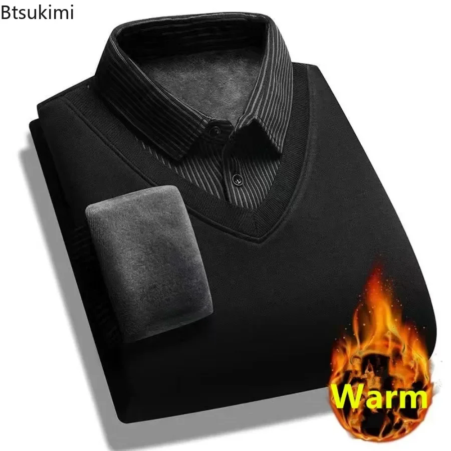 Autumn Winter Fake Two Piece Sweaters Men's Shirt Neck Fleece Thicken Knitted Pullover Business Casual Warm Sweater Tops for Men
