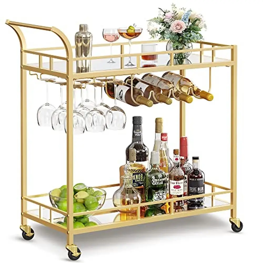 

Mirrored Gold Bar Cart with Glass and Wine Holders Tiered Serving Cart Home Stylish Gold Frame with Wheels Spacious Storage Bar