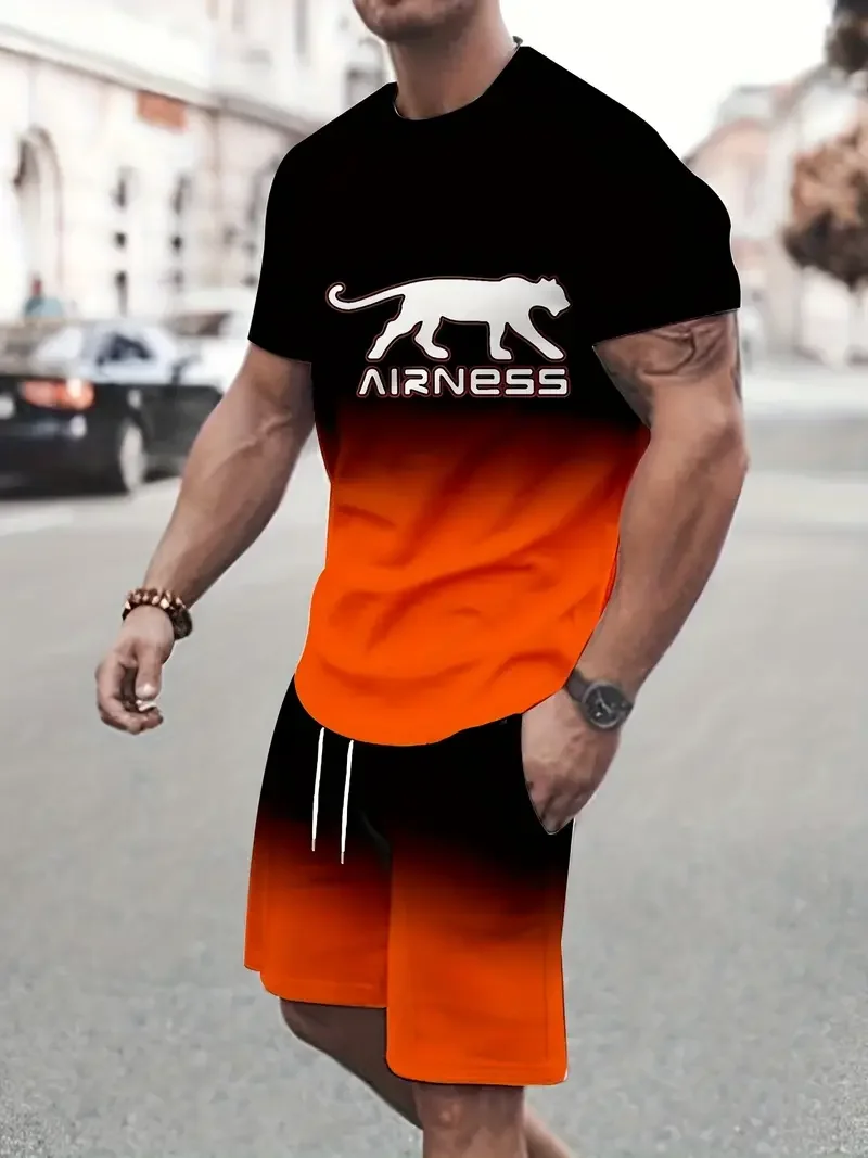 Summer chic 2025 fashion outdoor activity Men's casual sports suit Round neck T-shirt and shorts 3D printed T-shirt shorts set 