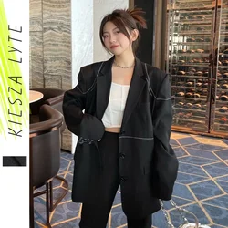 Kiesza lyte Black Hand Sewing Open Line Suit Blazeres for Women Female 2024 Autumn Chic High Fashioin Loose Jacket Outwear