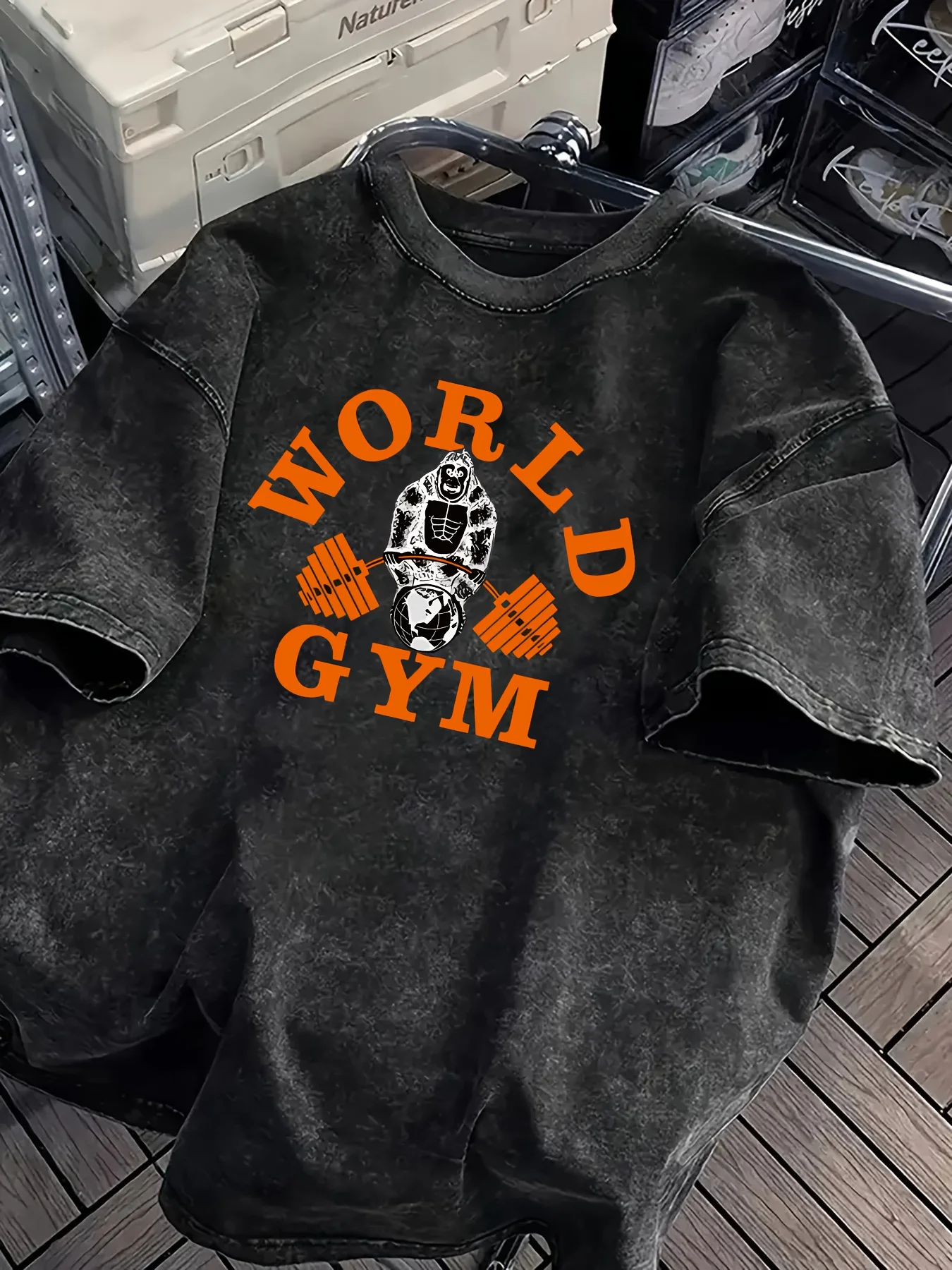 Vintage Acid Wash World Gym Gorilla Grafik T-Shirt Übergroßes Workout Casual Baumwoll-Oberteil für Männer Frauen Grafik T-Shirts Y2k Top – Detail 6