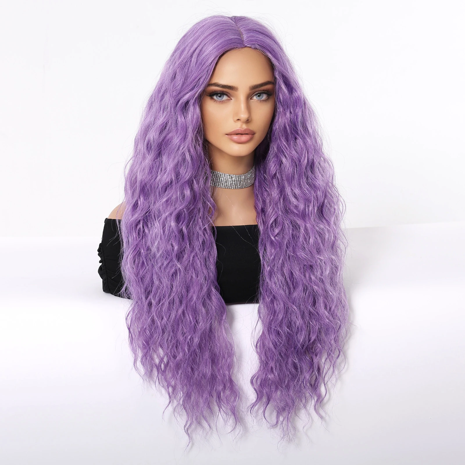 Allbell Magique Mode Paars Synthetische Pruiken Voor Vrouwen Party Cosplay Halloween Natuurlijk Golvend Nep Haar Hittebestendige Vezel