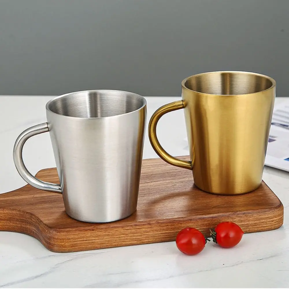 300ml Double-Layer Water Cup Home Dining Drinkware Mugs 304 Stainless Steel Beer Cup Gold Sliver Coffee Mugs With Handle