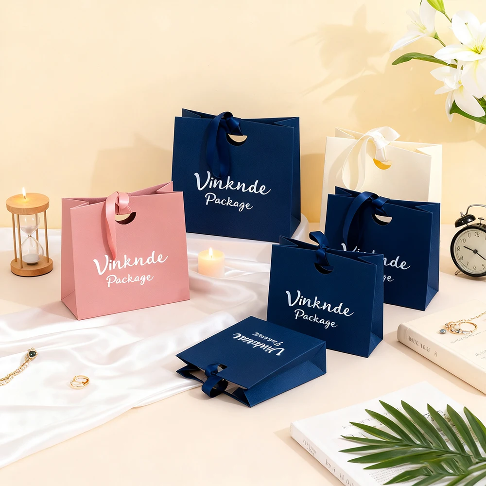 

15.5x14.5x7.5cm Luxury Wholesale Custom Logo Wedding Gift Bags Textured Paper Tote Bag With Ribbon Handle Shopping Jewelry Pack