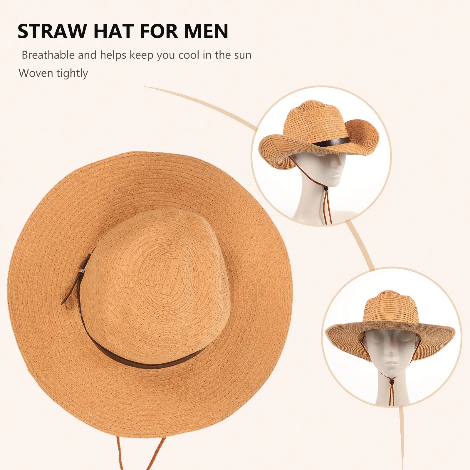 Men Wide Brim Straw Sun Hat Khaki Summer Beach Foldable Floppy Design Breathable Lightweight Gardening Camping Hiking Pool Park