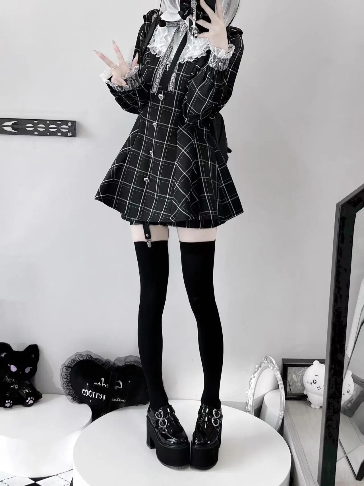 Gothic Y2k Vintage Lolita Style Shirt Dress Women Sweet Lace Patchwork Bow Slim Bandage Cute Ruffles Two-piece Shorts Set Outfit