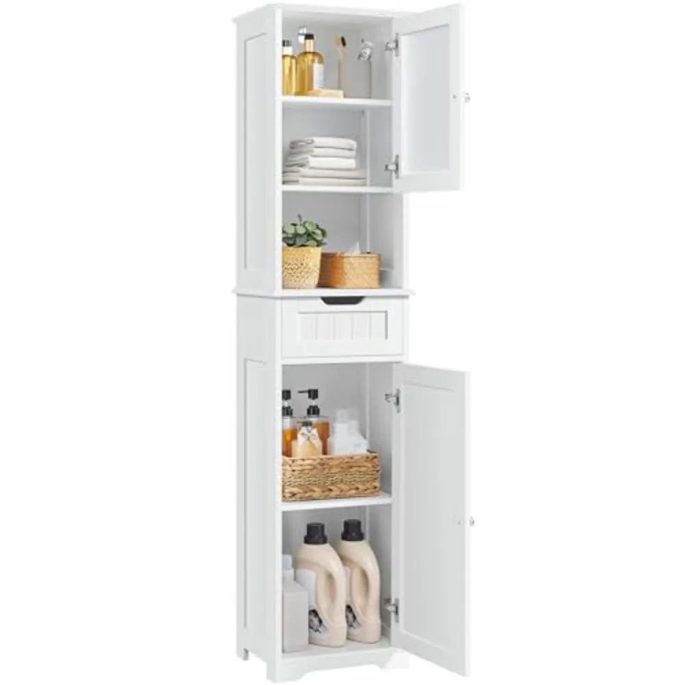 Tall Slim Bathroom Storage Cabinet with Frosted Glass Door, White | Narrow Floor Cabinet for Tight Spots, Reversible