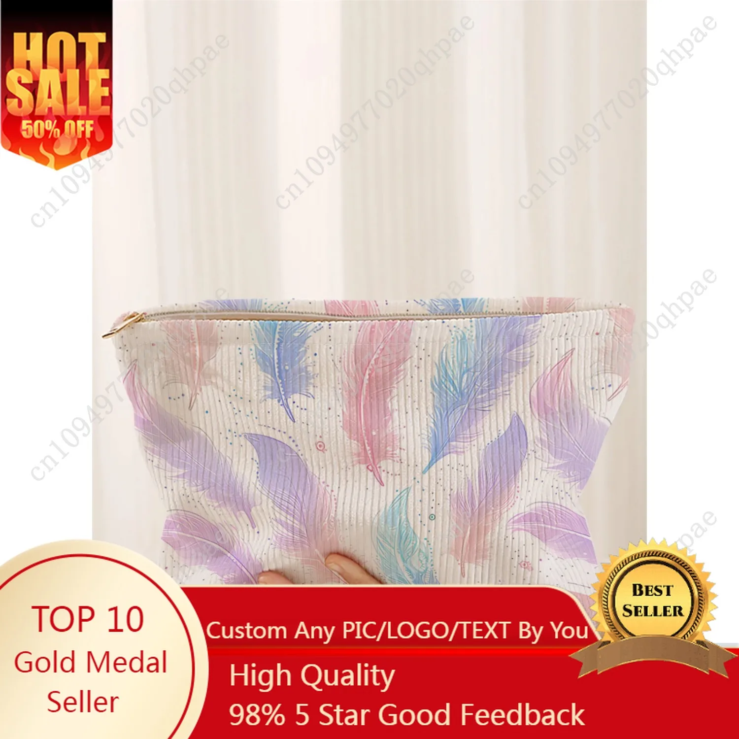 

1 colorful feather patterned corduroy makeup bag, lightweight zipper makeup storage box, multifunctional bag with lining