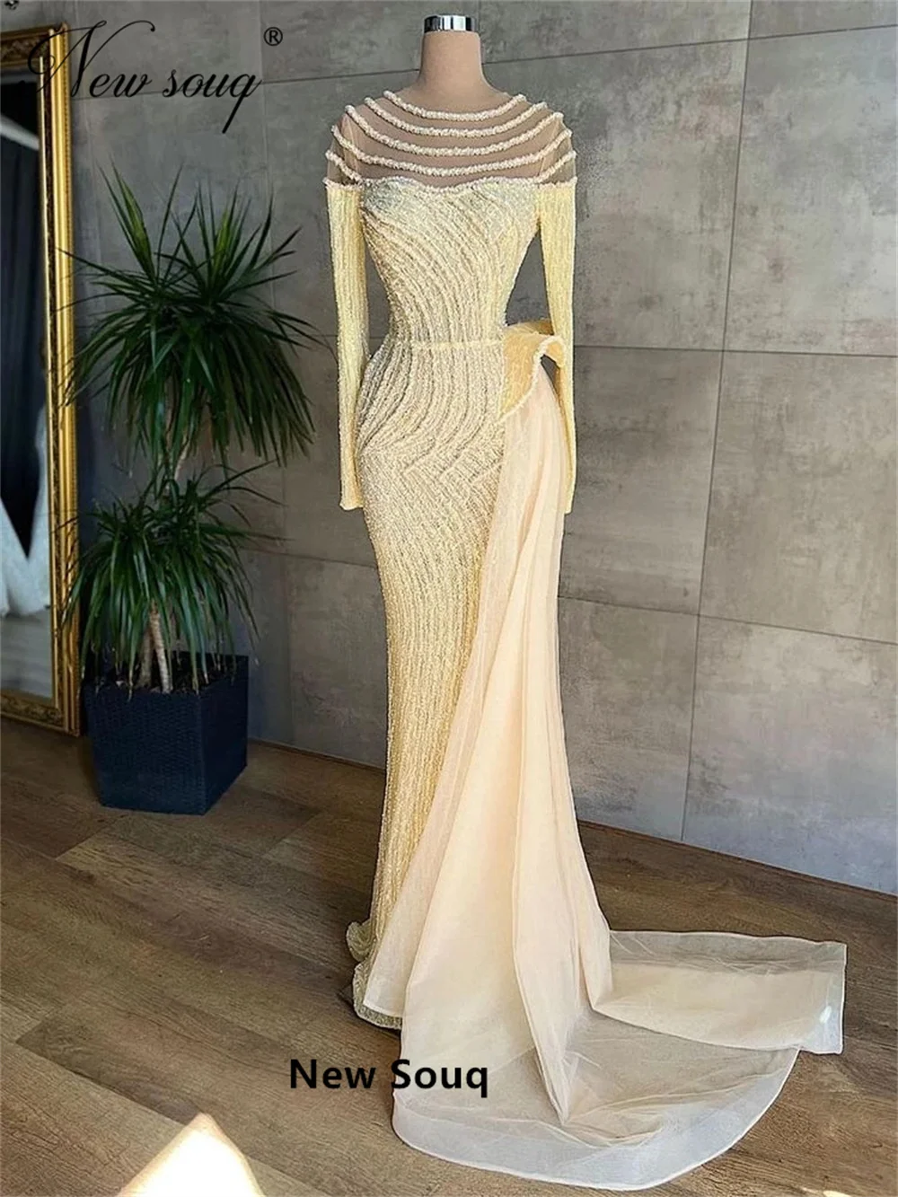 Elegant Yellow Beads Evening Dresses Long Sleeve Mermaid Party Dress Custom Made Arabic Dubai Prom Gown For Women Robe Du Soir