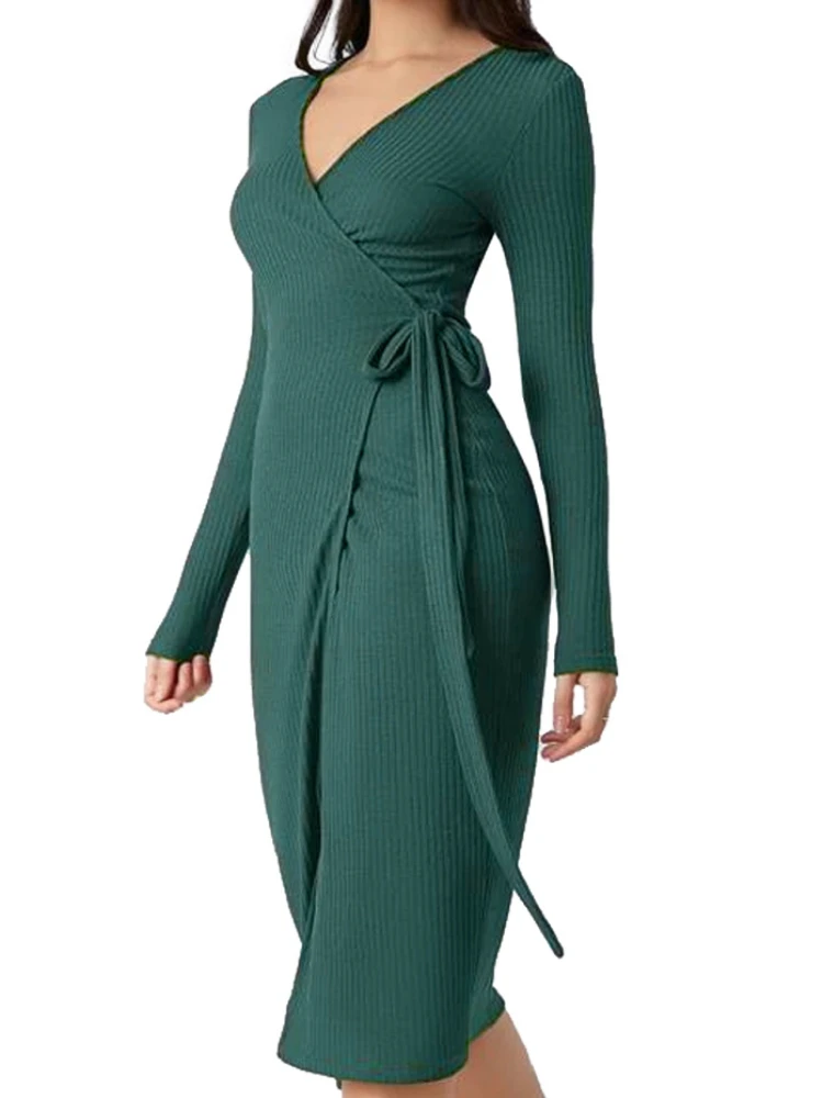 2024 New Fashion V-neck Knitted Dress Casual Women's Clothing High Waist Elegant Lace Up French Midi Dress Women Summer Dresses