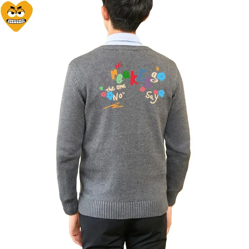 Break Egg Men Open Woolen Sweater Heart Embroidered Break Egg Letter Printed V-neck Single Breasted Long Sleeve Autumn Sweater