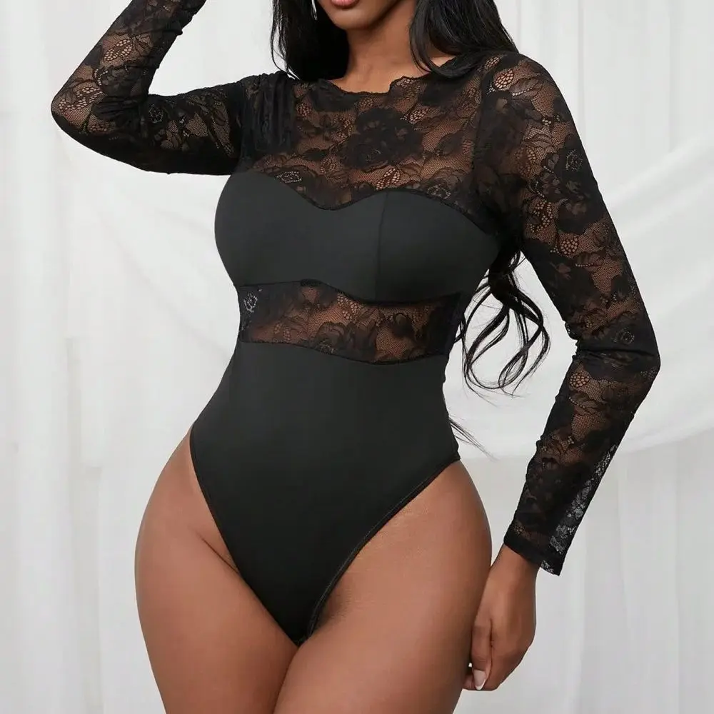 

Lace Long Sleeve Bodysuits for Women Elegant Slim Fit Body Shaper Jumpsuit Zipper Fashion One Piece Shapewear Sexy Tight T-shirt