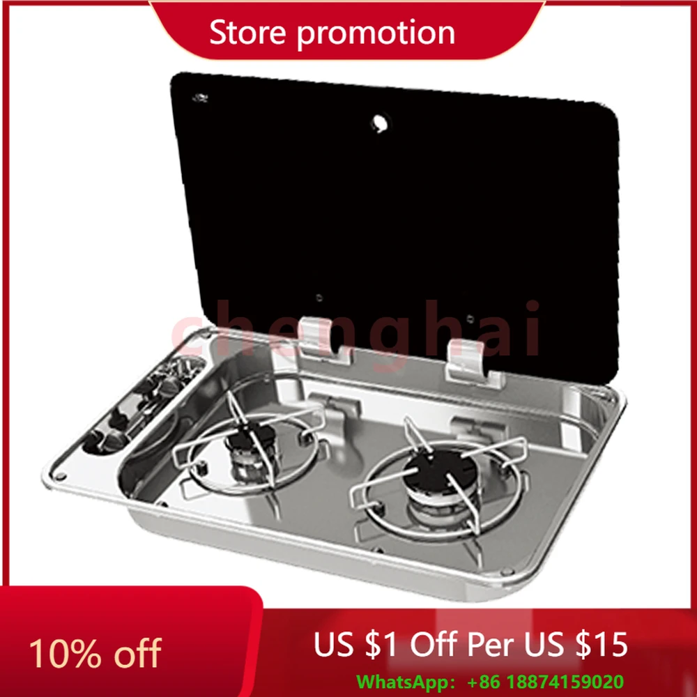 RV Kitchen Stainless Steel two Burner Gas Hob Unit with Tempered Glass Lid for Caravan Motorhomes