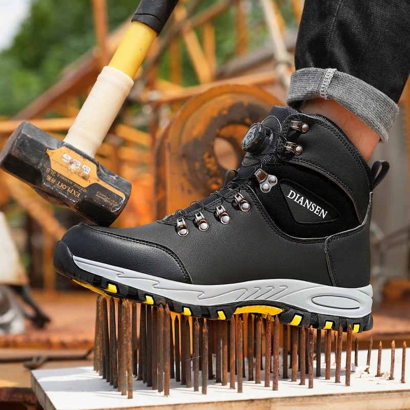 Steel Toe Safety Boots Men\'s Work Sneaker Rotated Button Easy Wear Work Safety Boots Breathable Sport Work Shoes Men Shoes