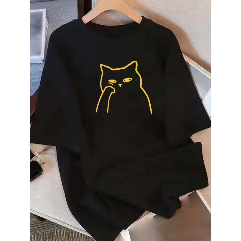 Sassy Cat Line Art Print Casual Short Sleeve Funny Attitude Kitten Meme Graphic T-Shirt Loose Fit Crew Neck Top for Daily Wear