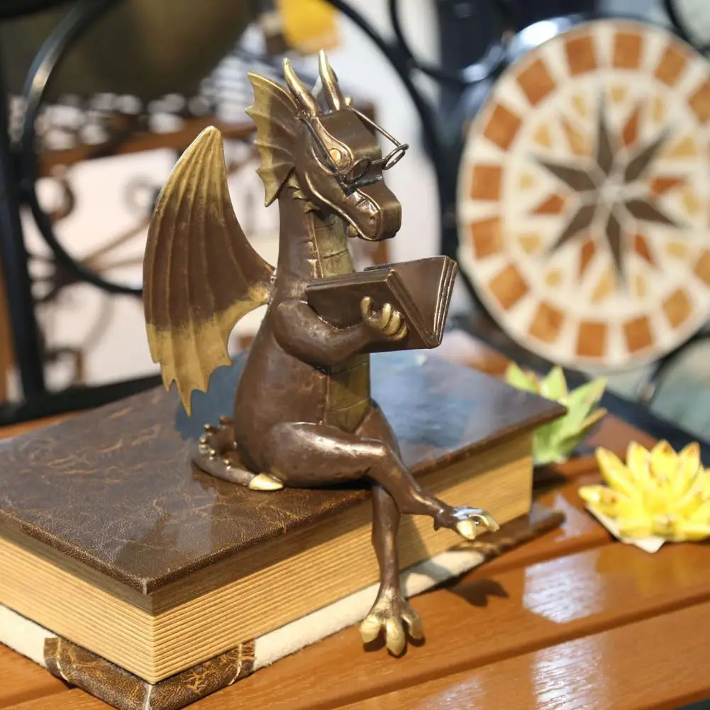 19.8*10cm Resin Dragon Figurine Vintage Style Reading Book Dragon Western Flying Statue Sculpture Model Ornament Home Room Decor