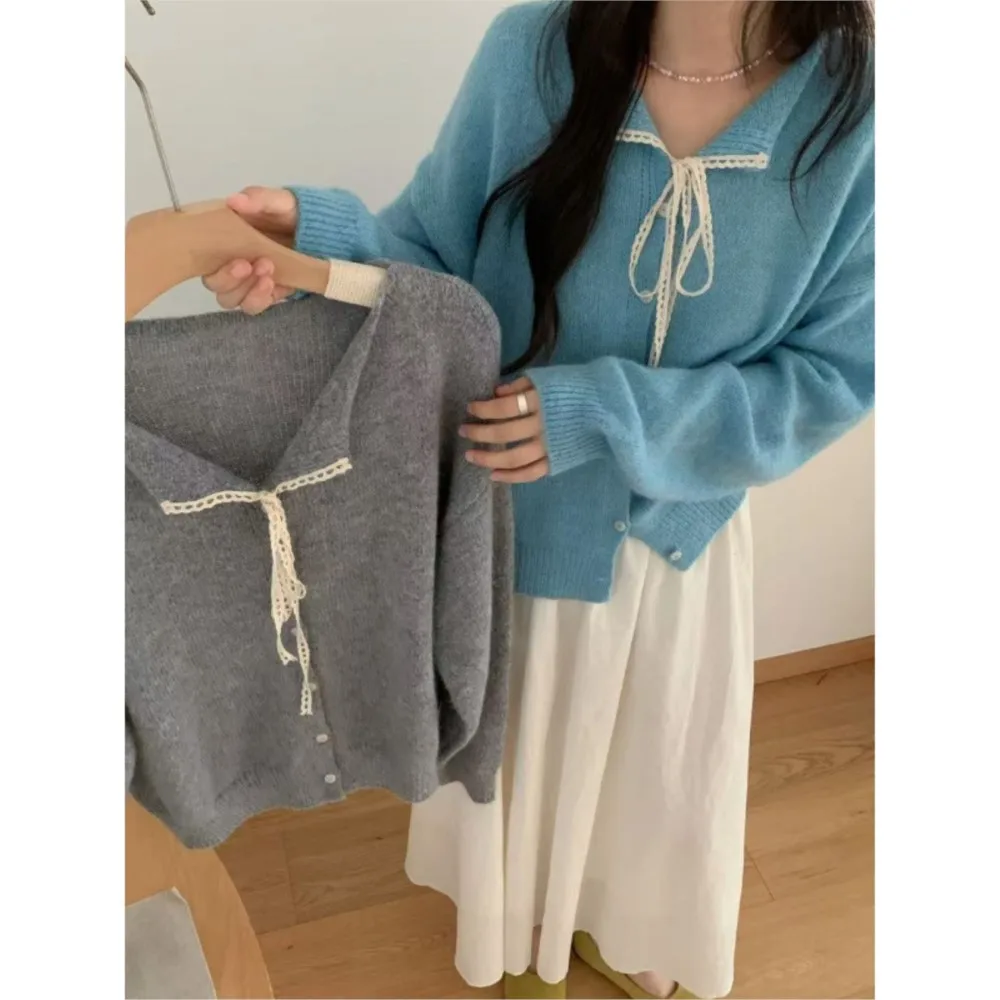 Koreanische Spitze-up Spitze Revers Pullover Kleinen Mantel frauen Einfarbig Vielseitig Strickjacke Komfortable Zieht Femmes Alle-spiel