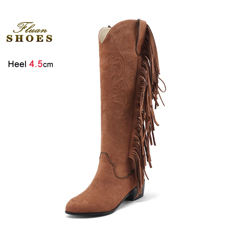 

Женские сапоги с бахромой 2026, на каблуке 4,5 см, в западном стиле, высокие, до колена, на шнуровке сзади, осенние женские ботинки CD