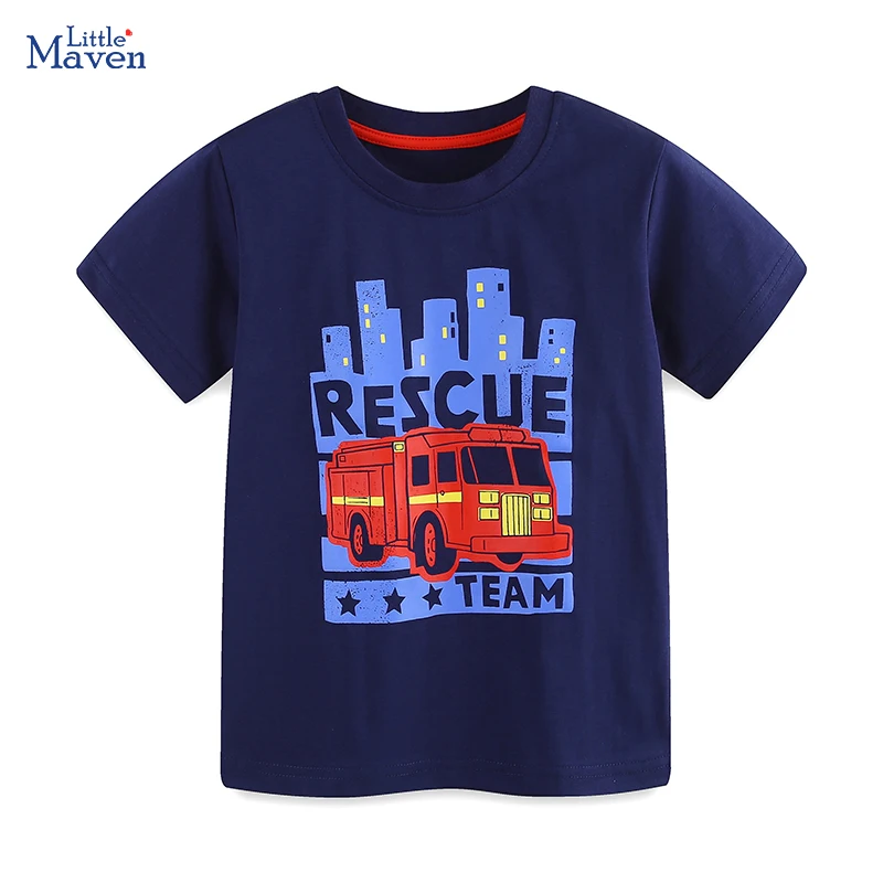 Little maven 2025 Summer New Kids Clothes Baby Boys T Shirts Children's Clothing Cartoon Fire Truck Shirts 2-7 Years Old