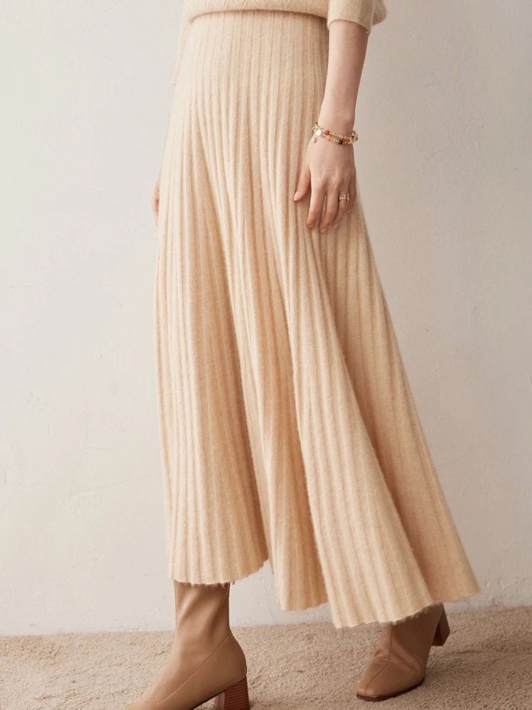 Dream Autumn Winter Women’s 100% Cashmere Skirt A-Line High Waist Long Pleated Skirts Grace Cashmere Dress Korean Style Knitted