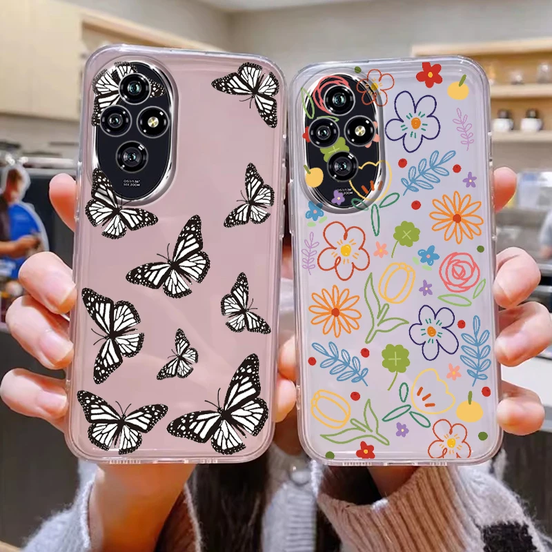 Transparent Case For Honor 200 400 Pro Lite Cover Cartoon Flowers Butterfly Soft TPU Shockproof Fundas Shockproof Bumper Bags