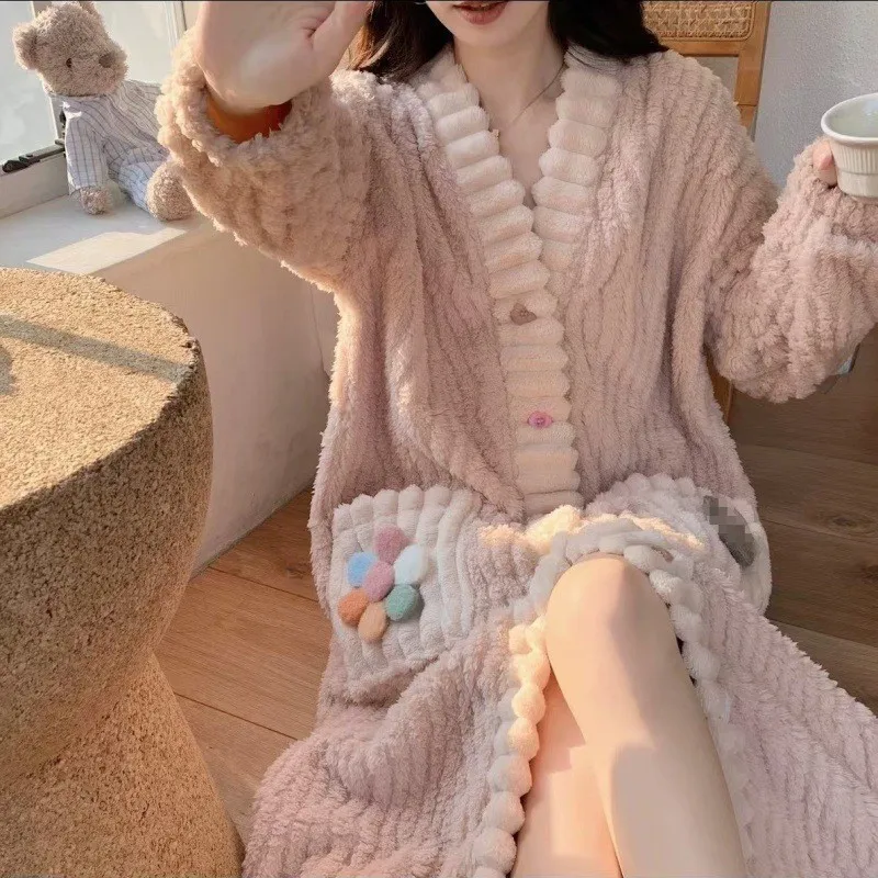 Flannel Rainbow Cardigan Sleeping Robe Set for Women 2024 Autumn/Winter Long Size Coral Velvet Warm Home Clothes