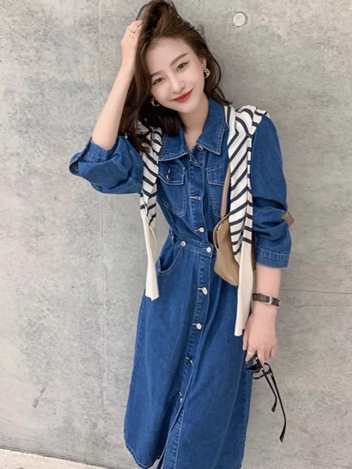 فستان قميص دينم بأكمام طويلة بتصميم عصري راقي للخريف للسيدات، تنورة على شكل حرف a على الطراز الكوري